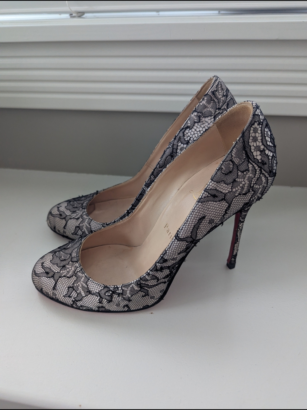 Christian Louboutin Black Lace-Overlay Nude Pumps with Red Sole